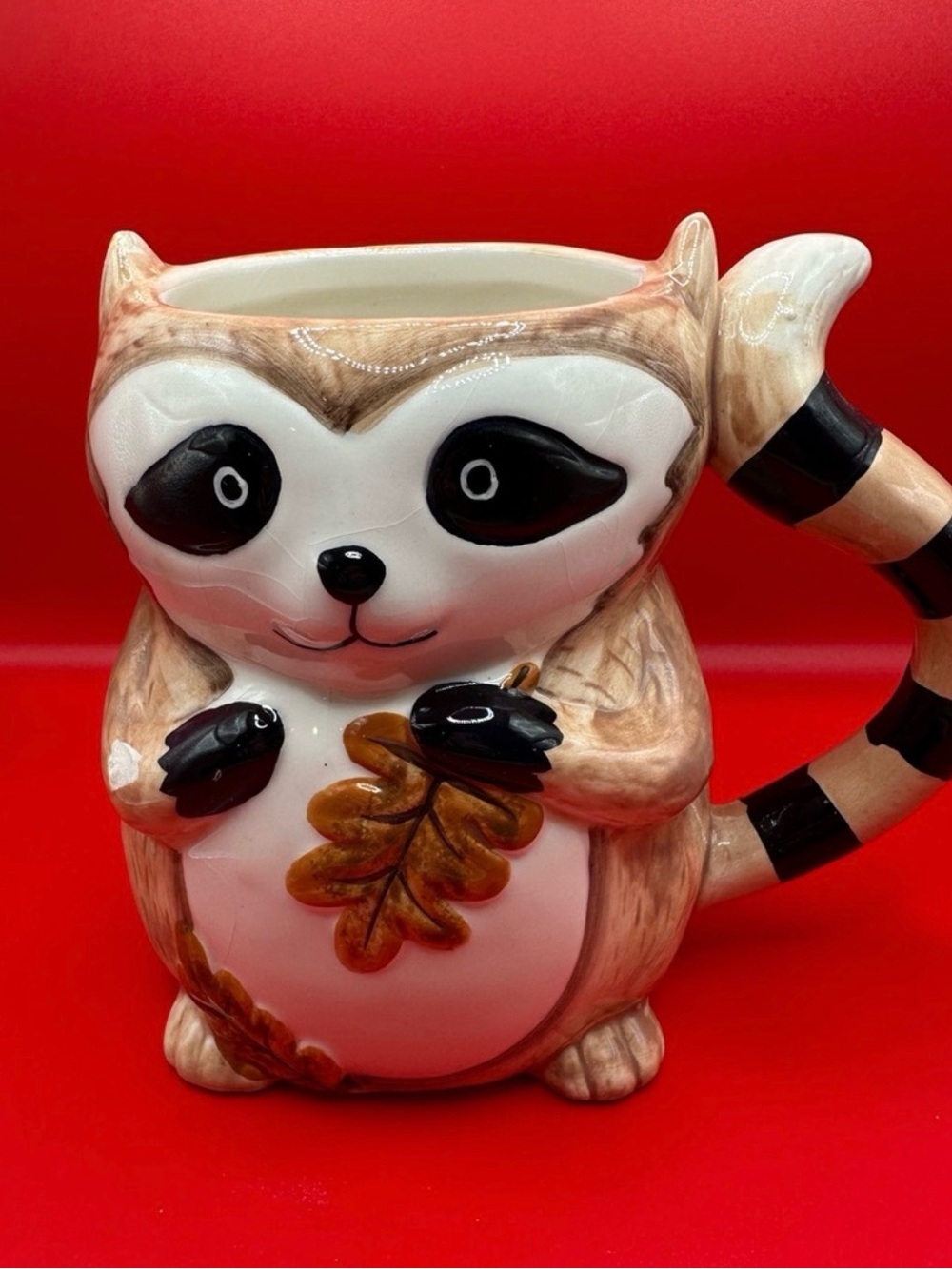 Cute Brown and White Raccoon Ceramic Pet-Themed Mug- small chip shown in pic